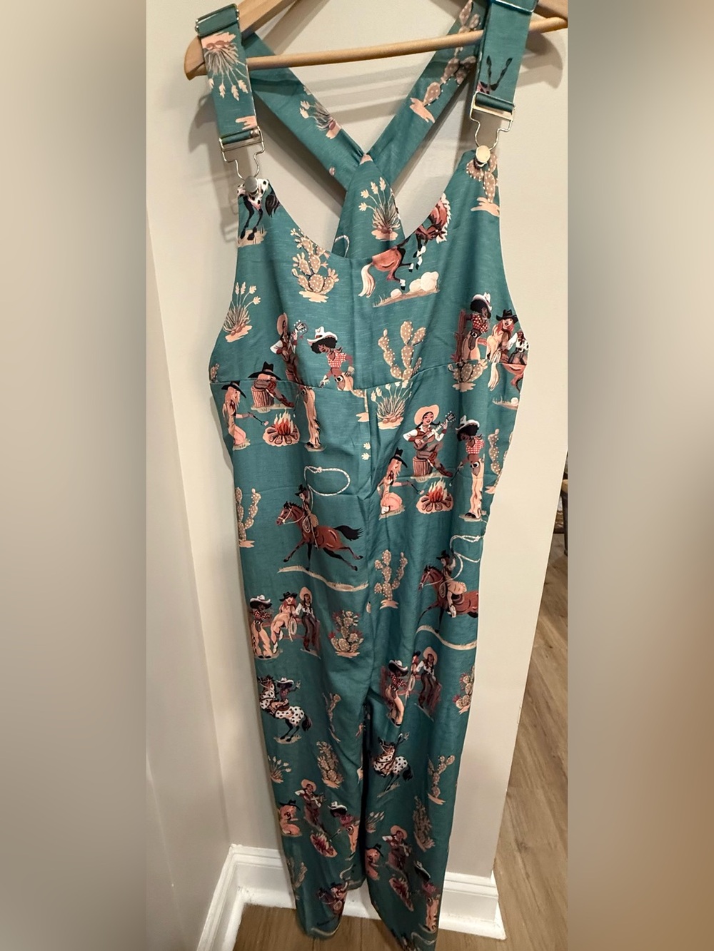 Source Unknown Teal Western Print Jumpsuit